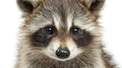Obraz premium close up of a raccoon. animal, raccoon, cat, mammal, isolated, ferret, kitten, pet, white background, white, wildlife, nature, fur, wild, sitting, young, domestic, isolated on white, polecat, baby, l