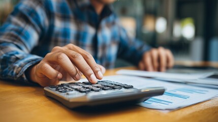 accountant working on desk using calculator for calculate finance report in office