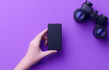 Smartphone and binoculars on a vibrant purple background. A hand holds a black smartphone, with binoculars positioned above. Flat lay design