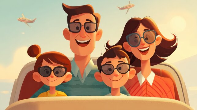 Happy family wth two kids traveling by airplane, no logos, no brands