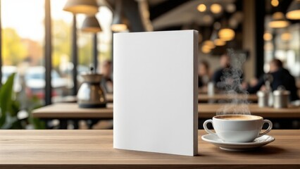Trifold brochure mockup, closed, placed on rustic wooden cafe table beside steaming latte in white ceramic cup. Cozy bokeh background, blank flyer for your table design scene.