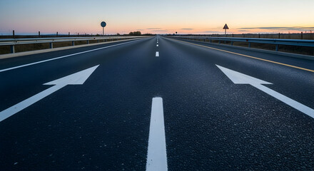 Endless highway road with arrows pointing to different directions, horizon view and clear sky background