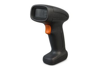 Handheld barcode scanner with orange button on transparent background