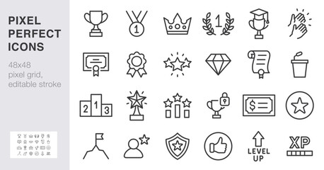 Award and recognition line icon set. Trophy, medal, crown, certificate, podium minimal vector illustrations. Simple outline signs for success and achievement. 48x48 Pixel Perfect. Editable Stroke