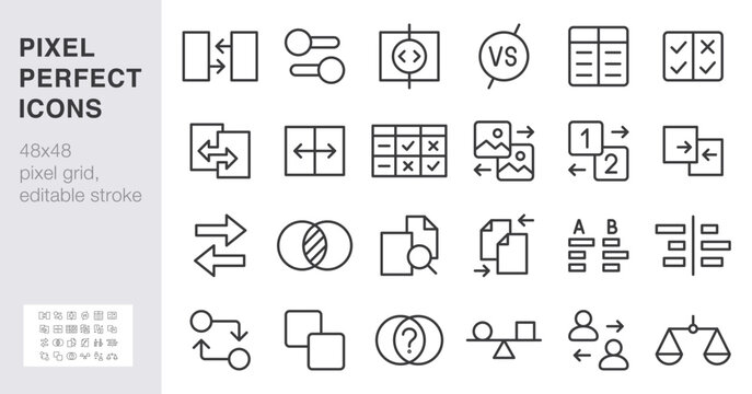Comparison line icon set. Side-by-side compare, slider, A B test, file merge minimal vector illustrations. Simple outline signs for UI contrast analysis. 48x48 Pixel Perfect. Editable Stroke