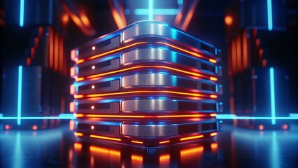 Luminous Multi-Layered Server Cube with Blue and Orange Neon Highlights in Futuristic Digital Chamber for Advanced Data Hosting Cloud Computing Technology
