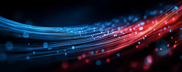 Abstract background with light waves and fiber optic cables, a blue-red gradient, representing the concept of data transfer speed