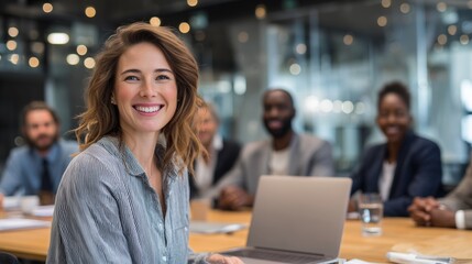 Confident female business owner leading a board meeting, using a laptop to present strategies to diverse team in a modern office setting