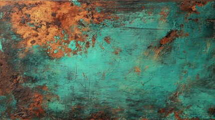 Obraz premium Weathered metal surface with scratches and a vibrant turquoise and rust texture, ideal for highlighting industrial design and grunge aesthetics.