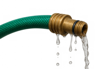 Leaking water from garden hose with transparent background