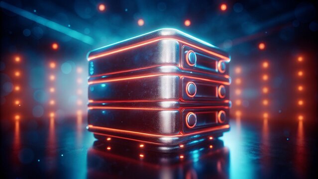 Radiant Multi-Tiered Server Box with Blue and Orange Neon Edges in Sleek Digital Arena for High-Performance Data Storage Cloud Technology Solutions - Powered by Adobe