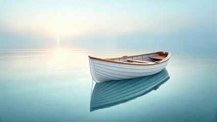 Naklejka premium Serene sunrise: Small white rowboat on calm, turquoise water, peaceful reflection.