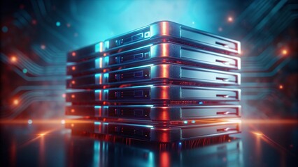 Striking Multi-Level Server Stack with Glowing Blue and Orange Highlights in Futuristic Digital Realm for Robust Data Storage Advanced Cloud Computing Systems