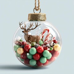 A Christmas tree decoration hanging on a string - glass transparent ball with colorful sweets, candy cane and  a reindeer inside