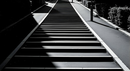 Dramatic Stairway Ascending With Contrasting Light And Shadow In Black And White