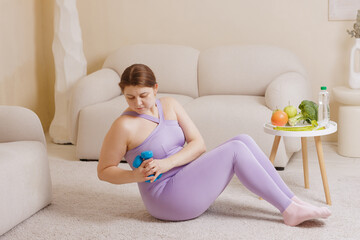 Plus Size Woman Doing Home Workout with Dumbbell and Healthy Food Weight Loss Fitness Motivation