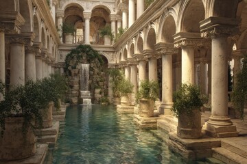 Tranquil oasis: A serene indoor pool surrounded by ancient architecture and lush greenery.