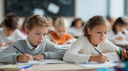 Fototapeta premium Focused schoolchildren writing in notebook during lesson at school