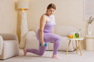 Plus Size Woman Doing Home Workout with Dumbbells and Healthy Food Weight Loss Fitness Motivation