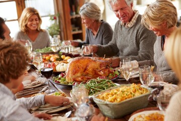Family enjoys a Thanksgiving dinner with roasted turkey and side dishes.