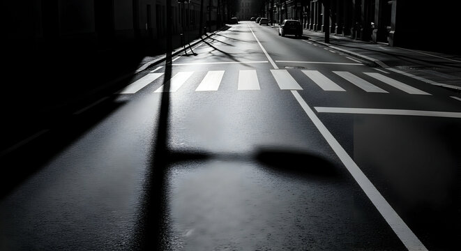 Dramatic urban street scene with striking shadows and pedestrian crossing creating a stark contrast