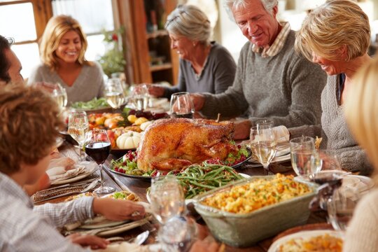 Family enjoys a Thanksgiving dinner with roasted turkey and side dishes.
