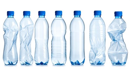 Crumpled plastic water bottles on white background
