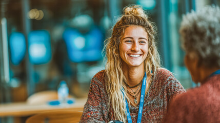 Smiling woman with long hair engaging in conversation at a cozy cafe setting