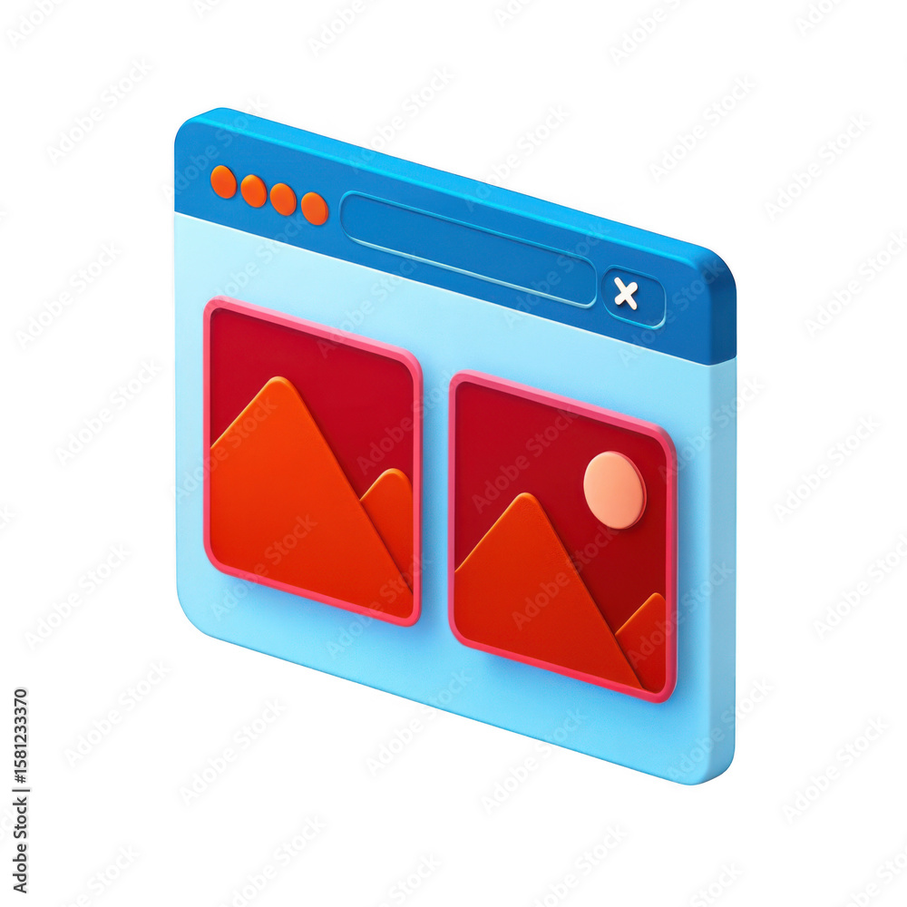 Poster 3d stylized web browser window displaying images isolated on transparent background