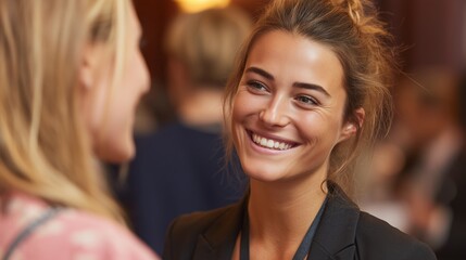 Networking businesswomen smiling and talking at professional conference