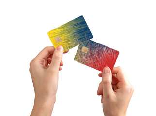 Two bankcards held in hand, closeup. Modern, trendy design for cashless payment, finance, and