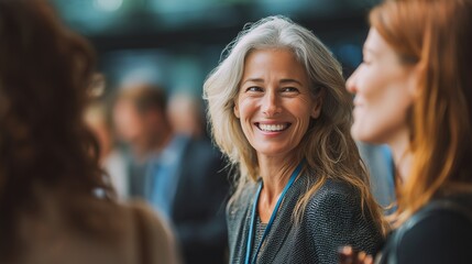 Networking businesswomen smiling and talking at professional conference
