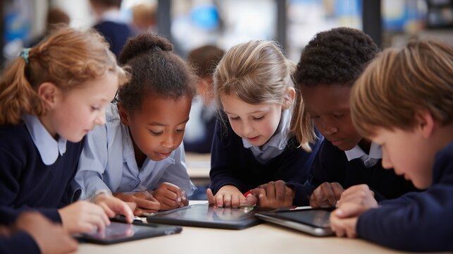 Multiethnic primary school students working on digital tablet - Powered by Adobe