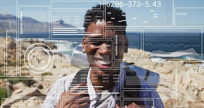 Man adjusting backpack strap on seaside cliff camera focusing starting HUD simulating face scan