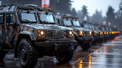A lineup of military armored vehicles on display, showcasing a sense of strength and preparedness on a cloudy day