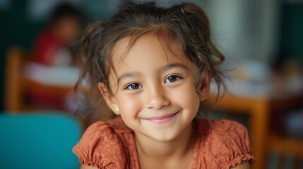 Portrait of smiling latin little girl in classroom, Portrait of happy hispanic girl looking at camera in elementary classroom
