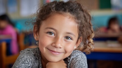 Portrait of smiling latin little girl in classroom, Portrait of happy hispanic girl looking at camera in elementary classroom
