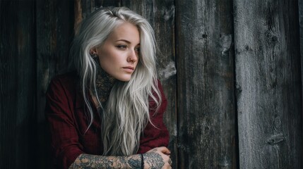 Obraz premium young woman with platinum blonde hair tattoos rustic wooden wall