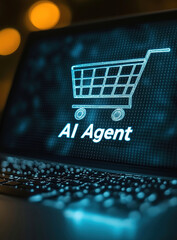 A commerce AI Agent represented by a shopping cart for autonomous retail purchases made by a virtual assistant online using teamwork for a workforce partnership.
