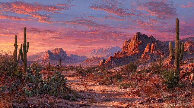 Wild West Texas desert landscape with sunset with mountains and cacti.