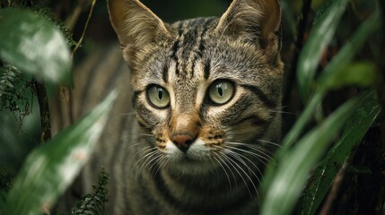 A tabby cat in a lush green forest
