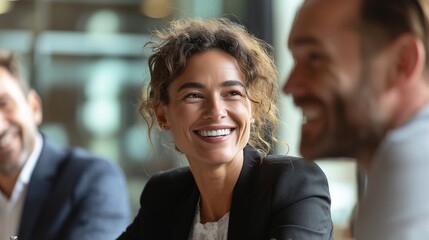 Smiling businesspeople having a discussion in an office