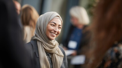 Smiling Muslim businesswoman sharing and talking during a networking event