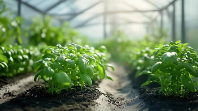 Green plants growing inside a greenhouse on a sunny day