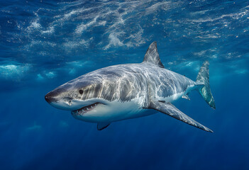Naklejka premium Great white shark in deep blue water.