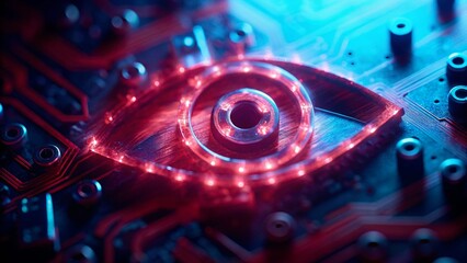 Futuristic Neon Eye with Lock Icon on Vibrant Circuit Board Surface