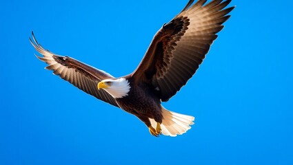 Fototapeta premium A majestic bald eagle soars through a clear blue sky its wings spread wide in a display of freedom