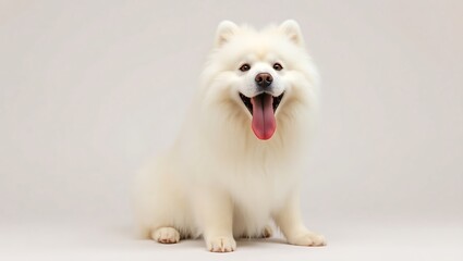 Fototapeta premium A fluffy white dog sitting with its tongue out looking happy on a plain background in a studio setting