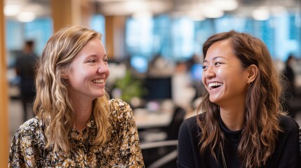 Two female colleagues laughing together in a friendly office setting