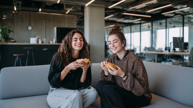 Two female colleagues enjoying a lunch break in a modern office - Powered by Adobe